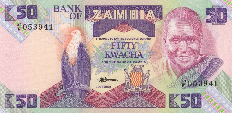 Банкнота номиналом 50 квача. Замбия, 1986 год