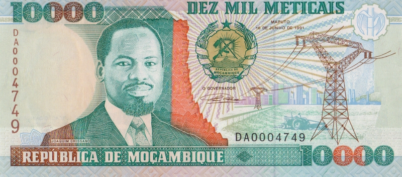 Банкнота номиналом 10000 метикалов. Мозамбик. 1991 год