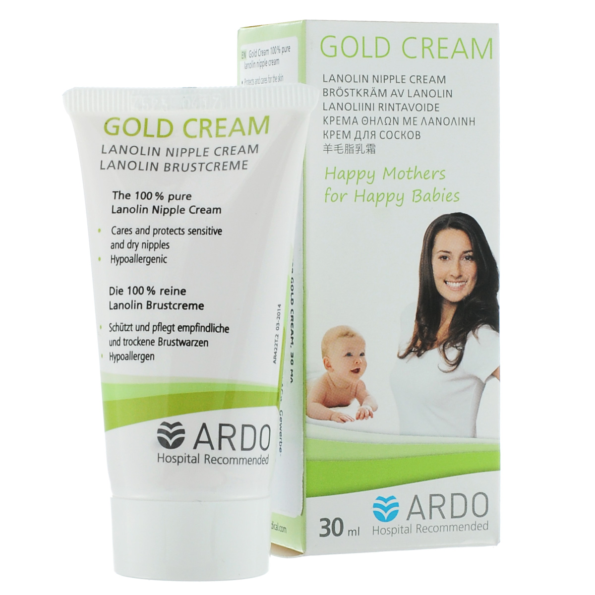 Ardo Крем для сосков Gold Cream, ланолиновый, 30 мл63.00.211 Ardo Крем для сосков Gold Cream, ланолиновый, 30 мл63.00.211Крем для сосков Gold Cream облегчает боль, способствует заживлению трещин и защищает сухую кожу.Он изготовлен из очищенного натурального ланолина и помогает коже быстро восстанавливаться и заживать даже при сильных нагрубаниях и трещинах в области соска. Чистый, натуральный, гипоаллергенный продукт, без добавок, красителей и консервантов.Крем не нужно смывать перед кормлением. Ухаживает за кожей около сосков, поддерживая ее естественную увлажненность. Предназначен для ухода за чувствительными, болезненными, воспаленными и потрескавшимися сосками. Подходит для профилактики трещин сосков.Товар сертифицирован.