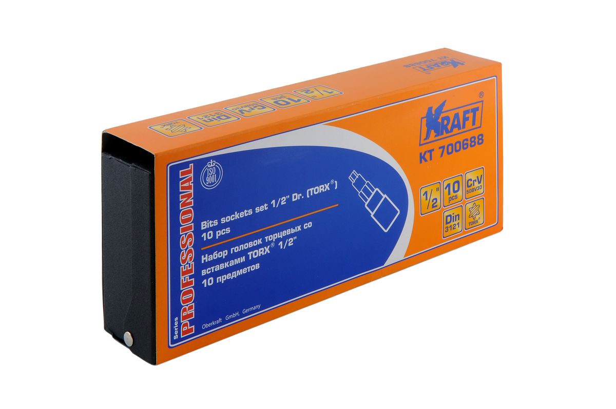 Набор торцевых головок Kraft Professional со вставками Torx, 1/2, 10 штКТ700688 Набор торцевых головок Kraft Professional со вставками Torx, 1/2, 10 штКТ700688В набор Kraft Professional входят торцевые головки со вставками Torx, посадочный размер 1/2. Размеры торцевых головок: Т20, Т25, Т27, Т30, Т40, Т45, Т50, Т55, Т60, Т70. Головки выполнены из хром-ванадиевой стали.Торцевые головки Kraft Professional изготовлены из хромованадиевой стали марки 50BV30 со специальным трехслойным покрытием, обеспечивающим долговременную защиту от механических повреждений.
