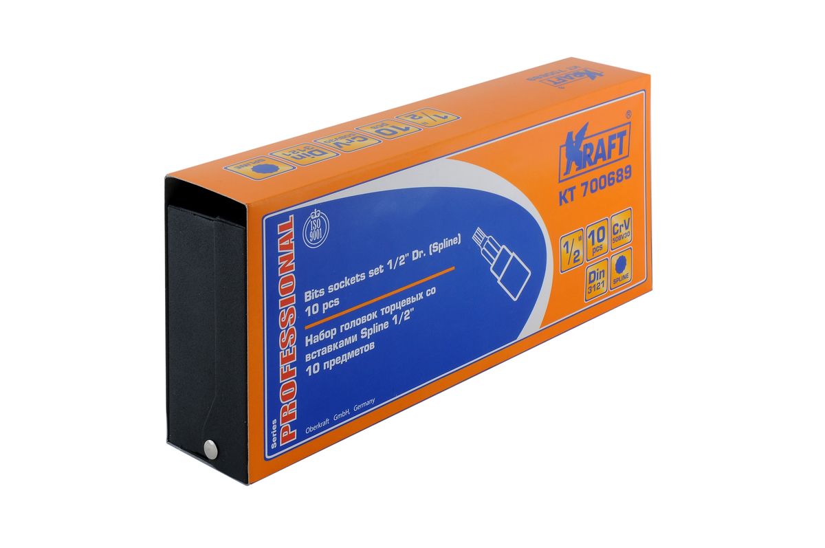 Набор торцевых головок Kraft Professional со вставками Spline, 1/2, 10 штКТ700689 Набор торцевых головок Kraft Professional со вставками Spline, 1/2, 10 штКТ700689В набор Kraft Professional входят торцевые головки со вставками Spline, посадочный размер 1/2. Размеры торцевых головок: М4, М5, М6, М7, М8, М9, М10, М11, М12, М13. Головки выполнены из хром-ванадиевой стали.Торцевые головки Kraft Professional изготовлены из хромованадиевой стали марки 50BV30 со специальным трехслойным покрытием, обеспечивающим долговременную защиту от механических повреждений.