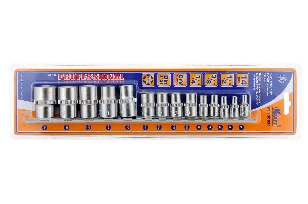 Набор торцевых головок Kraft Professional E-star, 1/2, 1/4, 3/8, Е4 - Е24, 14 штКТ700694 Набор торцевых головок Kraft Professional E-star, 1/2, 1/4, 3/8, Е4 - Е24, 14 штКТ700694Состав набора Kraft Professional E-star: головки торцевые 1/4: Е4, Е5, Е6, Е7, Е8; головки торцевые 3/8”: Е10, Е11, Е12, Е14; головки торцевые 1/2: Е16, Е18, Е20, Е22, Е24.Торцевые головки Kraft Professional E-star имеющие внутренний рабочий профиль звездочка, изготовлены из хромованадиевой стали марки 50BV30 со специальным трехслойным покрытием, обеспечивающим долговременную защиту от механических повреждений.
