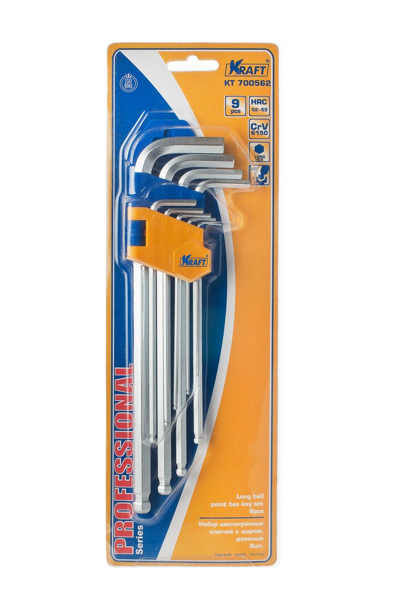Набор ключей шестигранных Kraft Professional, с шаром, 1,5 мм - 10 мм, 9 штКТ700562 Набор ключей шестигранных Kraft Professional, с шаром, 1,5 мм - 10 мм, 9 штКТ700562Набор шестигранных удлиненных ключей Kraft Professional предназначен для работы с крепежными элементами, имеющими внутренний шестигранник. Каждый ключ изготовлен из хромованадиевой стали и оснащен шаровым наконечником, который позволяет работать в труднодоступных местах под углом до 25 градусов. В набор входят ключи: 1,5 мм, 2 мм, 2,5 мм, 3 мм, 4 мм, 5 мм, 6 мм, 8 мм, 10 мм.