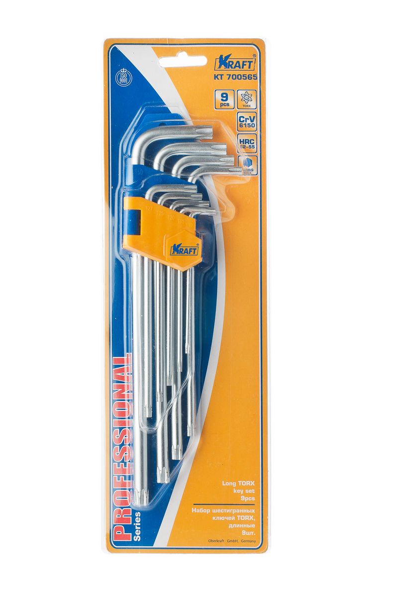Набор ключей шестигранныхKraft Professional Torx, Т-10 - Т-50, 9 штКТ700 Набор ключей шестигранныхKraft Professional Torx, Т-10 - Т-50, 9 штКТ700Набор шестигранных удлиненных ключей Kraft Professional Torx предназначен для работы с крепежными элементами, имеющими внутренний шестигранник. Каждый ключ изготовлен из хромованадиевой стали и оснащен наконечником с рабочим профилем torx. В набор входят ключи: Т-10, Т-15, Т-20, Т-25, Т27, Т-30, Т-40, Т-45, Т-50.