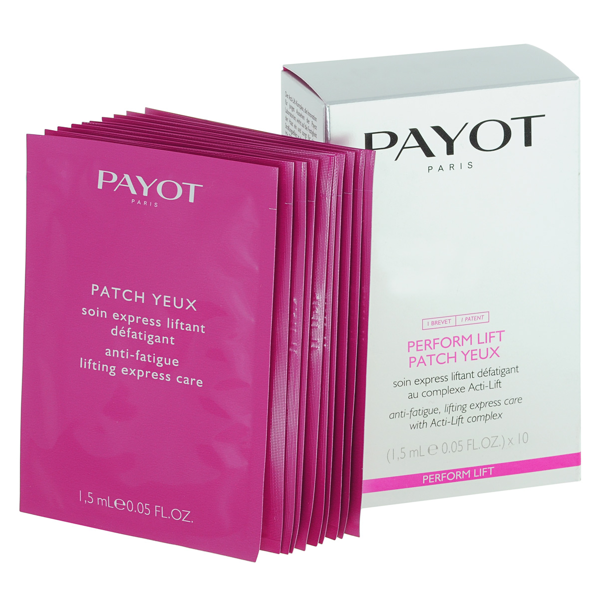 Payot Экспресс-уход Perform Lift для укрепления кожи и устранения признаков усталости глаз (10х2 шт)65092177 Payot Экспресс-уход Perform Lift для укрепления кожи и устранения признаков усталости глаз (10х2 шт)65092177Патчи укрепляют кожу верхнего века, разглаживают гусиные лапки, борются с темными кругами и припухлостями под глазамиПоместите патчи под глаза, дождитесь впитывания средства; использовать 3-недельным курсом через день или как средство быстрой красоты.