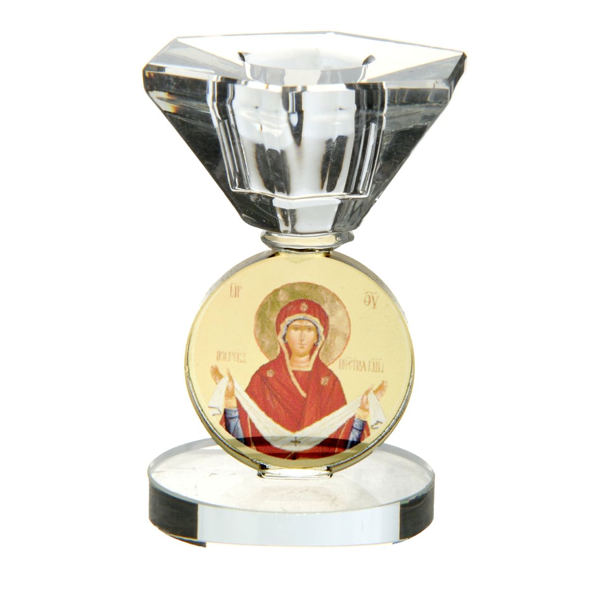 Подсвечник Sima-land Покров Пресвятой Богородицы122688 Подсвечник Sima-land Покров Пресвятой Богородицы122688Подсвечник Sima-land Покров Пресвятой Богородицы изготовлен из стекла. Изделие оснащено многогранной поверхностью и декорировано изображением Пресвятой Богородицы. Подсвечник предназначен для небольшой узкой свечки.Такой подсвечник привнесет в ваш дом согласие и мир и будет прекрасным подарком, оберегающим близких вам людей. Диаметр отверстия для свечи: 2 см.