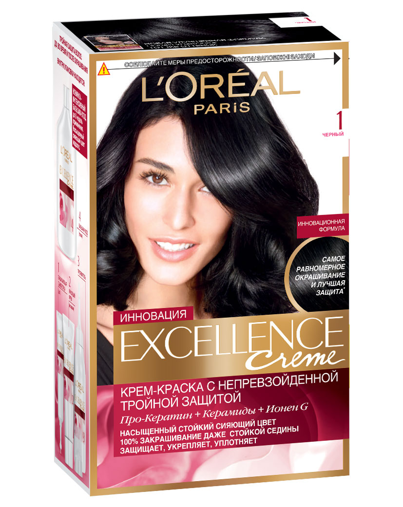LOreal Paris Стойкая крем-краска для волос Excellence, оттенок 1, ЧёрныйA0691528 LOreal Paris Стойкая крем-краска для волос Excellence, оттенок 1, ЧёрныйA0691528Крем-краска для волос Экселанс защищает волосы до, во время и после окрашивания. Уникальная формула краскииз Керамида, Про-Кератина и активного компонента Ионена G, которые обеспечивают 100%-ное окрашивание седины и способствуют длительному сохранению интенсивности цвета. Сыворотка, входящая в состав краски, оказывает лечебное действие, восстанавливая поврежденные волосы, а густая кремовая текстура краски обволакивает каждый волос, насыщая его интенсивным цветом. Специальный бальзам-уход делает волосы плотнее, укрепляет их, восстанавливая естественную эластичность и силу волос.В состав упаковки входит: защищающая сыворотка (12 мл), флакон-аппликатор с проявителем (72 мл), тюбик с красящим кремом (48 мл), флакон с бальзамом-уходом (60 мл), аппликатор-расческа, инструкция, пара перчаток.1. Укрепляет волосы 2. Защищает их 3. Придает волосам упругость 3. Насыщеннный стойкий сияющий цвет 4. Закрашивает до 100% седых волос