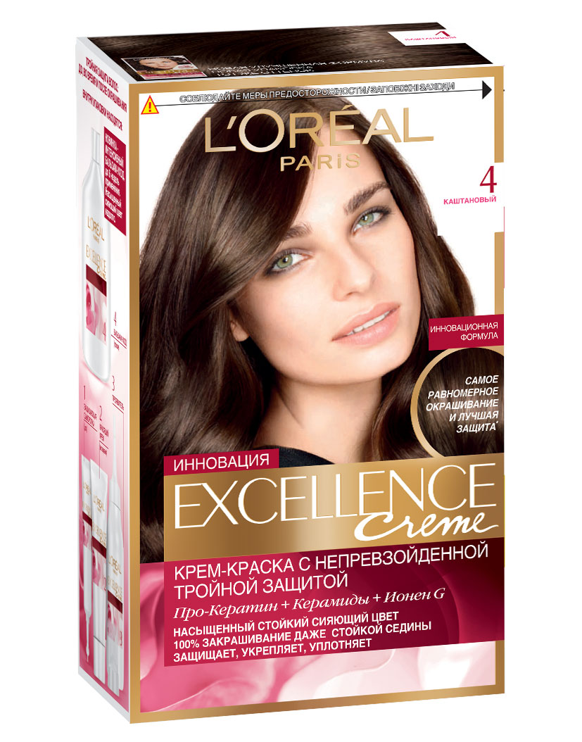 LOreal Paris Стойкая крем-краска для волос Excellence, оттенок 4, КаштановыйA0691728 LOreal Paris Стойкая крем-краска для волос Excellence, оттенок 4, КаштановыйA0691728Крем-краска для волос Экселанс защищает волосы до, во время и после окрашивания. Уникальная формула краскииз Керамида, Про-Кератина и активного компонента Ионена G, которые обеспечивают 100%-ное окрашивание седины и способствуют длительному сохранению интенсивности цвета. Сыворотка, входящая в состав краски, оказывает лечебное действие, восстанавливая поврежденные волосы, а густая кремовая текстура краски обволакивает каждый волос, насыщая его интенсивным цветом. Специальный бальзам-уход делает волосы плотнее, укрепляет их, восстанавливая естественную эластичность и силу волос.В состав упаковки входит: защищающая сыворотка (12 мл), флакон-аппликатор с проявителем (72 мл), тюбик с красящим кремом (48 мл), флакон с бальзамом-уходом (60 мл), аппликатор-расческа, инструкция, пара перчаток.1. Укрепляет волосы 2. Защищает их 3. Придает волосам упругость 3. Насыщеннный стойкий сияющий цвет 4. Закрашивает до 100% седых волос