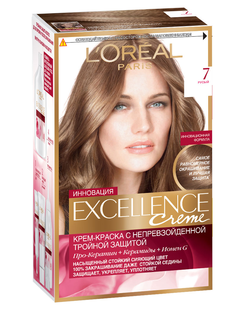 LOreal Paris Стойкая крем-краска для волос Excellence, оттенок 7, РусыйA0692528 LOreal Paris Стойкая крем-краска для волос Excellence, оттенок 7, РусыйA0692528Крем-краска для волос Экселанс защищает волосы до, во время и после окрашивания. Уникальная формула краскииз Керамида, Про-Кератина и активного компонента Ионена G, которые обеспечивают 100%-ное окрашивание седины и способствуют длительному сохранению интенсивности цвета. Сыворотка, входящая в состав краски, оказывает лечебное действие, восстанавливая поврежденные волосы, а густая кремовая текстура краски обволакивает каждый волос, насыщая его интенсивным цветом. Специальный бальзам-уход делает волосы плотнее, укрепляет их, восстанавливая естественную эластичность и силу волос.В состав упаковки входит: защищающая сыворотка (12 мл), флакон-аппликатор с проявителем (72 мл), тюбик с красящим кремом (48 мл), флакон с бальзамом-уходом (60 мл), аппликатор-расческа, инструкция, пара перчаток.1. Укрепляет волосы 2. Защищает их 3. Придает волосам упругость 3. Насыщеннный стойкий сияющий цвет 4. Закрашивает до 100% седых волос