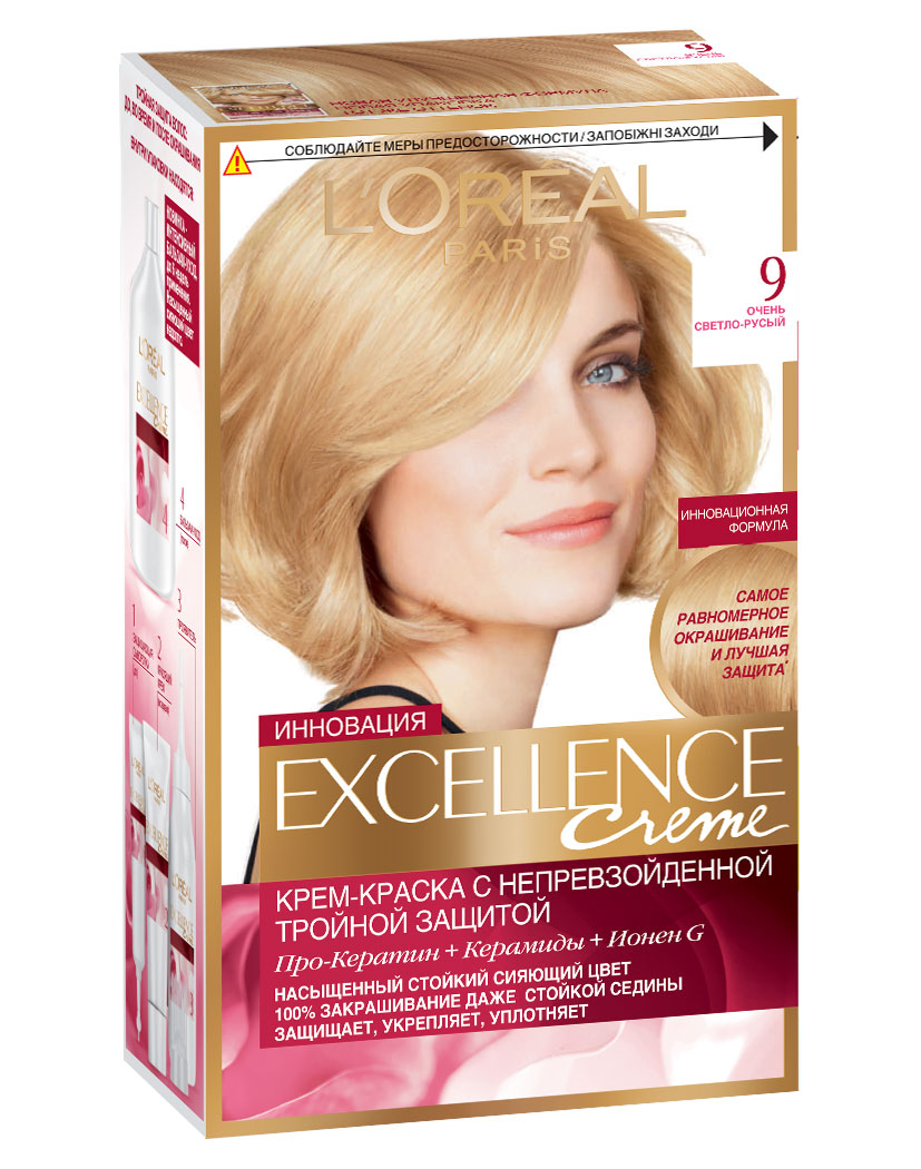 LOreal Paris Стойкая крем-краска для волос Excellence, оттенок 9, Очень светло-русыйA0692928 LOreal Paris Стойкая крем-краска для волос Excellence, оттенок 9, Очень светло-русыйA0692928Крем-краска для волос Экселанс защищает волосы до, во время и после окрашивания. Уникальная формула краскииз Керамида, Про-Кератина и активного компонента Ионена G, которые обеспечивают 100%-ное окрашивание седины и способствуют длительному сохранению интенсивности цвета. Сыворотка, входящая в состав краски, оказывает лечебное действие, восстанавливая поврежденные волосы, а густая кремовая текстура краски обволакивает каждый волос, насыщая его интенсивным цветом. Специальный бальзам-уход делает волосы плотнее, укрепляет их, восстанавливая естественную эластичность и силу волос.В состав упаковки входит: защищающая сыворотка (12 мл), флакон-аппликатор с проявителем (72 мл), тюбик с красящим кремом (48 мл), флакон с бальзамом-уходом (60 мл), аппликатор-расческа, инструкция, пара перчаток.1. Укрепляет волосы 2. Защищает их 3. Придает волосам упругость 3. Насыщеннный стойкий сияющий цвет 4. Закрашивает до 100% седых волос
