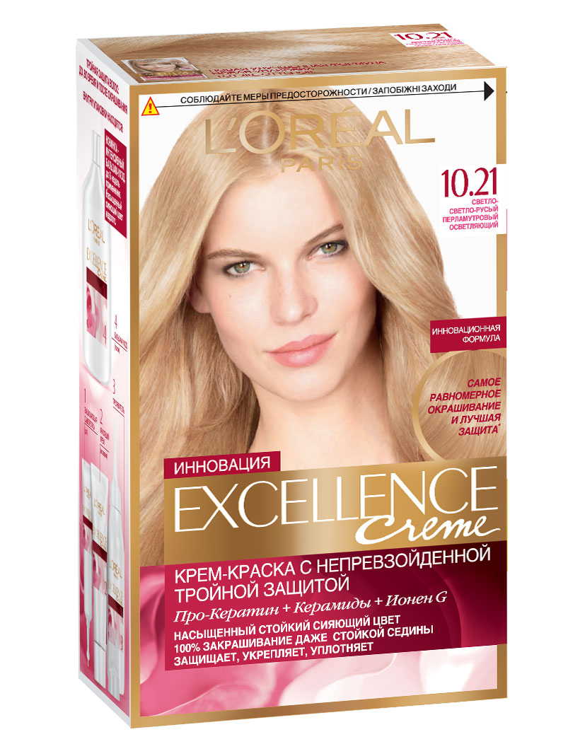 LOreal Paris Стойкая крем-краска для волос Excellence, оттенок 10.21, Светло-светло русый перламутровый осветляющийA0693728 LOreal Paris Стойкая крем-краска для волос Excellence, оттенок 10.21, Светло-светло русый перламутровый осветляющийA0693728Крем-краска для волос Экселанс защищает волосы до, во время и после окрашивания. Уникальная формула краскииз Керамида, Про-Кератина и активного компонента Ионена G, которые обеспечивают 100%-ное окрашивание седины и способствуют длительному сохранению интенсивности цвета. Сыворотка, входящая в состав краски, оказывает лечебное действие, восстанавливая поврежденные волосы, а густая кремовая текстура краски обволакивает каждый волос, насыщая его интенсивным цветом. Специальный бальзам-уход делает волосы плотнее, укрепляет их, восстанавливая естественную эластичность и силу волос.В состав упаковки входит: защищающая сыворотка (12 мл), флакон-аппликатор с проявителем (72 мл), тюбик с красящим кремом (48 мл), флакон с бальзамом-уходом (60 мл), аппликатор-расческа, инструкция, пара перчаток.1. Укрепляет волосы 2. Защищает их 3. Придает волосам упругость 3. Насыщеннный стойкий сияющий цвет 4. Закрашивает до 100% седых волос