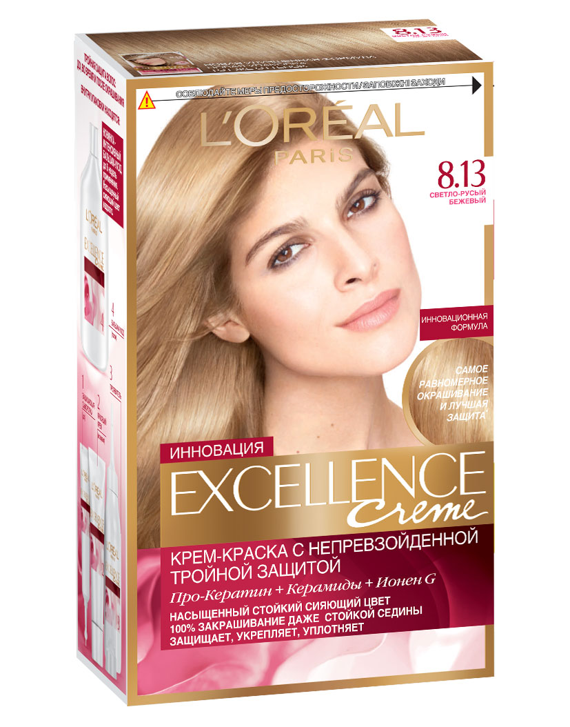 LOreal Paris Стойкая крем-краска для волос Excellence, оттенок 8.13, Светло-русый бежевыйA3781528 LOreal Paris Стойкая крем-краска для волос Excellence, оттенок 8.13, Светло-русый бежевыйA3781528Крем-краска для волос Экселанс защищает волосы до, во время и после окрашивания. Уникальная формула краскииз Керамида, Про-Кератина и активного компонента Ионена G, которые обеспечивают 100%-ное окрашивание седины и способствуют длительному сохранению интенсивности цвета. Сыворотка, входящая в состав краски, оказывает лечебное действие, восстанавливая поврежденные волосы, а густая кремовая текстура краски обволакивает каждый волос, насыщая его интенсивным цветом. Специальный бальзам-уход делает волосы плотнее, укрепляет их, восстанавливая естественную эластичность и силу волос.В состав упаковки входит: защищающая сыворотка (12 мл), флакон-аппликатор с проявителем (72 мл), тюбик с красящим кремом (48 мл), флакон с бальзамом-уходом (60 мл), аппликатор-расческа, инструкция, пара перчаток.1. Укрепляет волосы 2. Защищает их 3. Придает волосам упругость 3. Насыщеннный стойкий сияющий цвет 4. Закрашивает до 100% седых волос