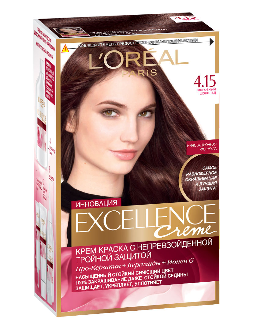 LOreal Paris Стойкая крем-краска для волос Excellence, оттенок 4.15, Морозный шоколадA6090328 LOreal Paris Стойкая крем-краска для волос Excellence, оттенок 4.15, Морозный шоколадA6090328Крем-краска для волос Экселанс защищает волосы до, во время и после окрашивания. Уникальная формула краскииз Керамида, Про-Кератина и активного компонента Ионена G, которые обеспечивают 100%-ное окрашивание седины и способствуют длительному сохранению интенсивности цвета. Сыворотка, входящая в состав краски, оказывает лечебное действие, восстанавливая поврежденные волосы, а густая кремовая текстура краски обволакивает каждый волос, насыщая его интенсивным цветом. Специальный бальзам-уход делает волосы плотнее, укрепляет их, восстанавливая естественную эластичность и силу волос.В состав упаковки входит: защищающая сыворотка (12 мл), флакон-аппликатор с проявителем (72 мл), тюбик с красящим кремом (48 мл), флакон с бальзамом-уходом (60 мл), аппликатор-расческа, инструкция, пара перчаток.1. Укрепляет волосы 2. Защищает их 3. Придает волосам упругость 3. Насыщеннный стойкий сияющий цвет 4. Закрашивает до 100% седых волос