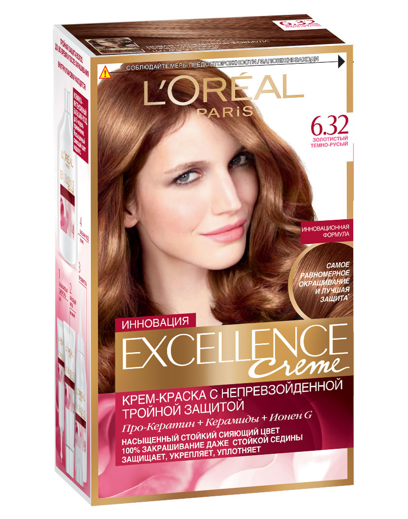 LOreal Paris Стойкая крем-краска для волос Excellence, оттенок 6.32, Золотистый темно-русыйA7140328 LOreal Paris Стойкая крем-краска для волос Excellence, оттенок 6.32, Золотистый темно-русыйA7140328Крем-краска для волос Экселанс защищает волосы до, во время и после окрашивания. Уникальная формула краскииз Керамида, Про-Кератина и активного компонента Ионена G, которые обеспечивают 100%-ное окрашивание седины и способствуют длительному сохранению интенсивности цвета. Сыворотка, входящая в состав краски, оказывает лечебное действие, восстанавливая поврежденные волосы, а густая кремовая текстура краски обволакивает каждый волос, насыщая его интенсивным цветом. Специальный бальзам-уход делает волосы плотнее, укрепляет их, восстанавливая естественную эластичность и силу волос.В состав упаковки входит: защищающая сыворотка (12 мл), флакон-аппликатор с проявителем (72 мл), тюбик с красящим кремом (48 мл), флакон с бальзамом-уходом (60 мл), аппликатор-расческа, инструкция, пара перчаток.1. Укрепляет волосы 2. Защищает их 3. Придает волосам упругость 3. Насыщеннный стойкий сияющий цвет 4. Закрашивает до 100% седых волос