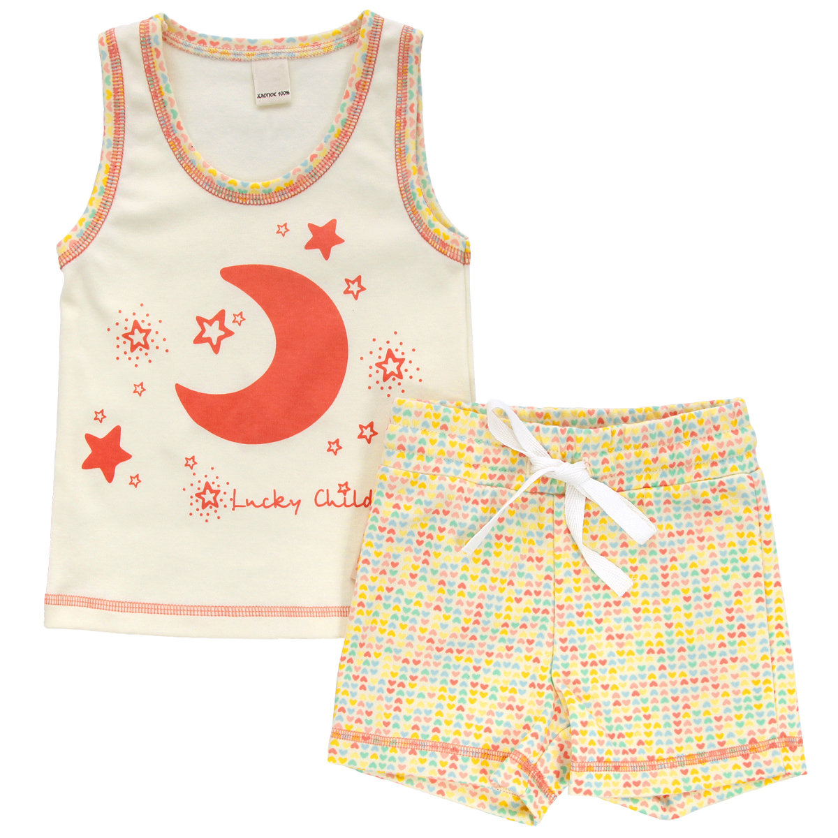 Комплект для девочки Lucky Child: майка, шорты, цвет: кремовый, желтый, оранжевый. 12-410. Размер 98/104
