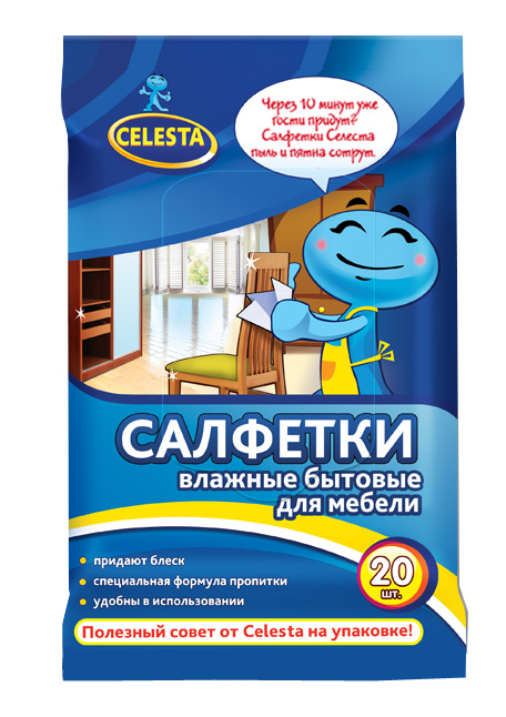Салфетки влажные Celesta, для мебели, 20 шт12103 Салфетки влажные Celesta, для мебели, 20 шт12103Влажные бытовые салфетки Celesta предназначены для ухода за мебелью и деревянными поверхностями. Благодаря специальной формуле пропитки не оставляют разводов, ворсинок, удаляют загрязнения, пыль и пятна. Пропитывающий состав безопасен для кожи рук.
