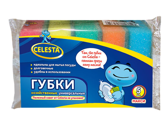 Губки хозяйственные Celesta Макси, универсальные, 5 шт3123 Губки хозяйственные Celesta Макси, универсальные, 5 шт3123Губки хозяйственные Celesta Макси имеют 2 слоя: поролон и абразивный слой. Мягкий слой предназначен для деликатного мытья, жесткий слой - для очистки сильных загрязнений. Губки предназначены для мытья посуды, раковин, плит. Размер губки: 9 см х 9,5 см х 3 см. Комплектация: 5 шт.