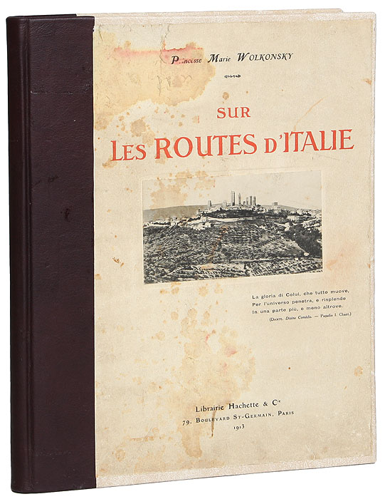 По дорогам Италии54508 По дорогам Италии54508Прижизненное издание.Париж, 1913 год. Издательство Librairie Hachette et Сie.Богато иллюстрированное издание.Владельческий переплет с наклеенной оригинальной обложкой.Сохранность хорошая.В книге княгиня Мария Волконская описывает свое большое путешествие по Италии, совершенное ею в 1911-1912 гг. Во время своего путешествия М. Волконская посетила Пизу, Вольтерру, Сан Джиминьяно в Тоскане, Сиену, Флоренцию, Болонью, Модену, Парму и другие города. Книга богато иллюстрирована фотографиями и репродукциями шедевров итальянского искусства.Не подлежит вывозу за пределы Российской Федерации.
