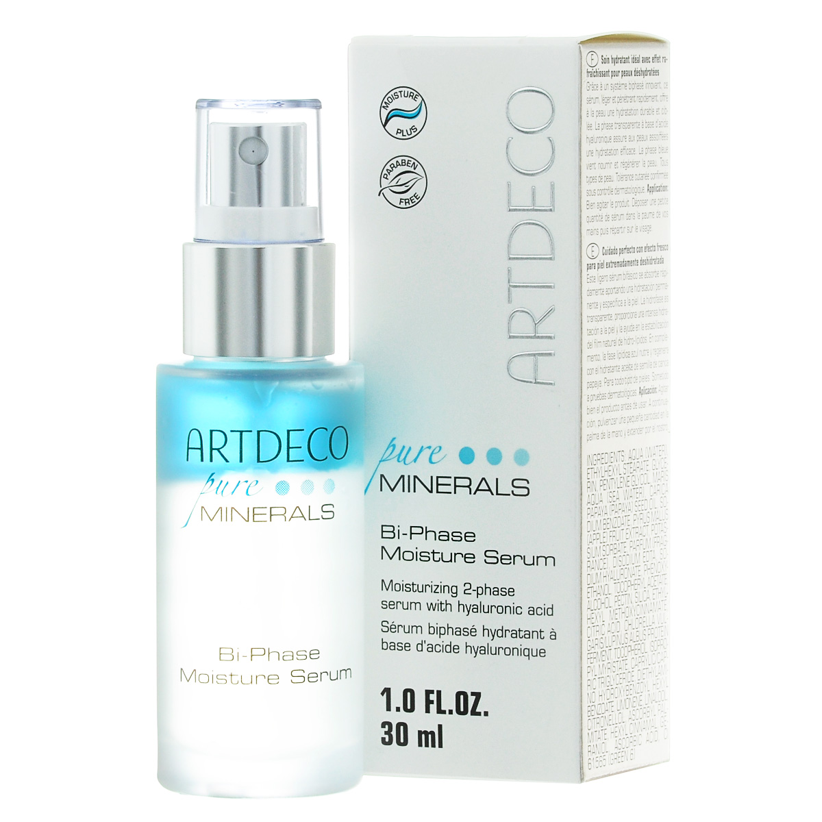 ARTDECO Двухфазная увлажняющая сыворотка для лица Pure Minerals Bi-Phase Moisture Serum, 30 мл67306 ARTDECO Двухфазная увлажняющая сыворотка для лица Pure Minerals Bi-Phase Moisture Serum, 30 мл67306Благодаря инновационной двухфазной системе эта легкая, быстро впитывающаяся сыворотка с тонким ароматом дарит коже стойкое и направленное увлажнение, питает кожу, поддерживая естественную целостность гидролипидной пленки. Поэтому фазы, взаимодействующие в сыворотке друг с другом, особенно хорошо увлажняют кожу, нуждающуюся в этом! Липидная фаза (25%) с питательным маслом семян папайи и витамином Е дарит коже больше свежести, бодрости и придает ей эластичность. Гидро-фаза (75%) насыщает кожу влагой, а входящие в ее состав гиалуроновая кислота, активные вещества из яблок, минеральный экстракт вулканических пород и биоферменты из зеленой водоросли хлорелла и из белого люпина повышают ее прочность. Переносимость кожей подтверждена дерматологическим контролем. Подходит для всех типов кожи, особенно для обезвоженной кожи. Перед употреблением хорошо взболтать.