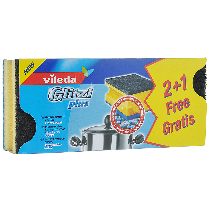 Набор губок для кастрюль Vileda Glitzi Plus, 3 шт321107171 Набор губок для кастрюль Vileda Glitzi Plus, 3 шт321107171Набор Vileda Glitzi Plus состоит из 3 губок, предназначенных для мытья металлической посуды и рабочих поверхностей. За счет добавления кристаллов кварца в абразивный слой изделия обладают усиленными чистящими свойствами. Углубления на боковых сторонах защищают ногти и позволяют удобно держать губку. Синяя тканевая сторона вытирает посуду, а также служит для удаления остатков загрязнения.Материал: полиуретан, абразив, вискоза. Комплектация: 3 шт.Размер губки: 9 см х 7 см х 4,5 см.