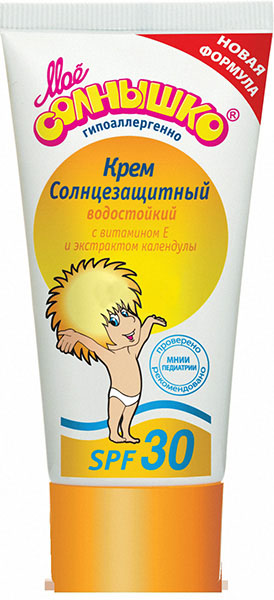 Мое солнышко Крем детский, солнцезащитный, SPF 30, 55 мл02.03.15.1342 Мое солнышко Крем детский, солнцезащитный, SPF 30, 55 мл02.03.15.1342Крем Мое солнышко разработан для надежной защиты детской кожи от солнца, в том числе от солнечных ожогов. Содержит безопасные для кожи малыша фильтры, которые в комбинации с витамином Е и экстрактом календулы обеспечивают длительную защиту от широкого спектра UVA/UVB излучения. Интенсивно смягчает кожу, предохраняет ее от пересушивания, воспаления и препятствует потере влаги, благодаря активному увлажняющему комплексу. Водостойкий.Подходит для детей с 3 месяцев.Гипоаллергенно. Клинически проверено и рекомендовано ФГУ МНИИ Педиатрии и детской хирургии.Товар сертифицирован.