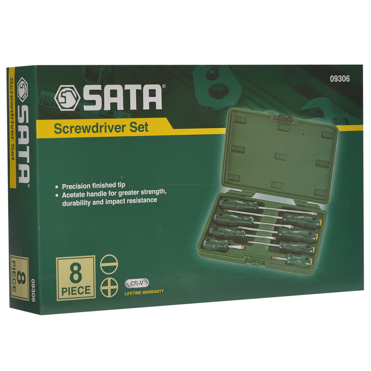 Набор отверток SATA 8пр. 0930609306 Набор отверток SATA 8пр. 0930609306Набор отверток Sata предназначен для монтажа/демонтажа резьбовых соединений. Все инструменты в наборе выполнены из высококачественной хромованадиевой стали. Отвертки оснащены рифлеными пластиковыми рукоятками, обеспечивающими надежный и удобный хват. В комплекте пластиковый кейс для переноски и хранения.Состав набора:Отвертки Philips: PH2 х 150 мм, PH2 х 100 мм, PH1 х 75 мм, PH2 х 38 мм.Отвертки шлицевые: 6 мм х 150 мм, 6 мм х 100 мм, 5 мм х 75 мм, 6 мм х 38 мм.Общая длина отверток: 2 х 25,5 см, 2 х 20 см, 2 х 16,5 см, 2 х 10 см.