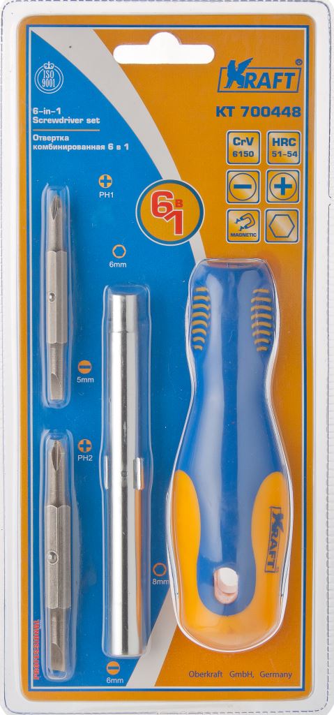 Отвертка комбинированная Kraft Professional, 6 в 1КТ700448 Отвертка комбинированная Kraft Professional, 6 в 1КТ700448Комбинированная отвертка Kraft Professional предназначена для монтажа и демонтажа резьбовых соединений. В состав входит рукоятка, держатель 5/16, двухсторонние биты PH1 x SL5 и PH2 x SL6. Инструменты выполнены из высококачественной хромованадиевой стали. Двухкомпонентная рукоятка, имеющая намагниченный наконечник, обеспечивает надежный и удобный хват.