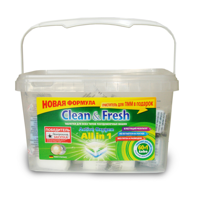 Таблетки для посудомоечных машин Clean & Fresh All in 1, с ароматом лимона, 60 шт16210 Таблетки для посудомоечных машин Clean & Fresh All in 1, с ароматом лимона, 60 шт16210Применение таблеток Clean & Fresh All in 1 облегчает использование посудомоечных машин. Дополнительные вещества, входящие в состав таблеток защищают машину от образования накипи на нагревательных элементах, способствуют лучшему результату при мытье посуды, существенно экономят ваше время. Удаляют даже самые сильные загрязнения. Таблетки Clean & Fresh All in 1 имеют четыре цветных слоя: зеленый - для лимонного запаха и защиты стекла от коррозии, синие микро-жемчужины - для блестящей посуды и сияющего стекла, белый - для защиты посудомоечной машины от образования накипи и наслоений извести, синий - сила очистки с активным кислородом. Достаточно поместить одну таблетку в дозатор посудомоечной машины и посуда приобретает идеальную чистоту и свежесть, без разводов и известковых пятен.Вес одной таблетки: 20 г.Количество таблеток в упаковке: 60 шт.Состав таблеток: триполифосфат натрия - более 30%; карбонат натрия, бикарбонат натрия - 15-30%; перкарбонат натрия - 5-15%; силикат натрия, поликарбоксилаты, неионные ПАВ, ТАЕД, энзимы, фосфонаты, отдушка, краситель - менее 5%.