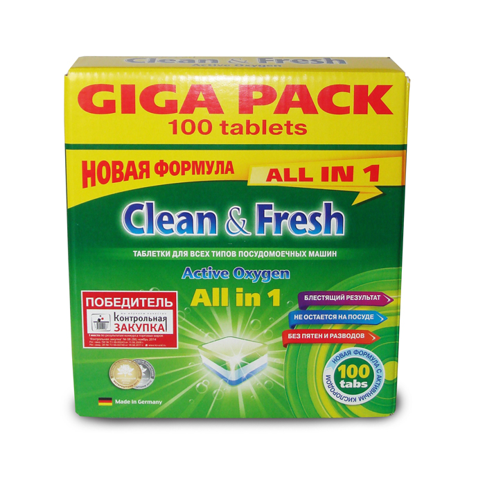 Таблетки для посудомоечных машин Clean & Fresh All in 1, с ароматом лимона, 100 шт16211 Таблетки для посудомоечных машин Clean & Fresh All in 1, с ароматом лимона, 100 шт16211Применение таблеток Clean & Fresh All in 1 облегчает использование посудомоечных машин. Дополнительные вещества, входящие в состав таблеток защищают машину от образования накипи на нагревательных элементах, способствуют лучшему результату при мытье посуды, существенно экономят ваше время. Удаляют даже самые сильные загрязнения. Таблетки Clean & Fresh All in 1 имеют четыре цветных слоя: зеленый - для лимонного запаха и защиты стекла от коррозии, синие микро-жемчужины - для блестящей посуды и сияющего стекла, белый - для защиты посудомоечной машины от образования накипи и наслоений извести, синий - сила очистки с активным кислородом. Достаточно поместить одну таблетку в дозатор посудомоечной машины и посуда приобретает идеальную чистоту и свежесть, без разводов и известковых пятен.Вес одной таблетки: 20 г.Количество таблеток в упаковке: 100 шт. Общий вес упаковки: 2 кг.Состав таблеток: триполифосфат натрия - более 30%; карбонат натрия, бикарбонат натрия - 15-30%; перкарбонат натрия - 5-15%; силикат натрия, поликарбоксилаты, неионные ПАВ, ТАЕД, энзимы, фосфонаты, отдушка, краситель - менее 5%.