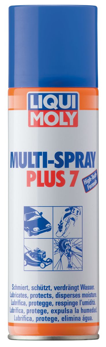 Мульти-спрей 7в1 Liqui Moly, 300 мл3304 Мульти-спрей 7в1 Liqui Moly, 300 мл3304Мульти-спрей 7в1 Liqui Moly - многофункциональное средство, обладающее семью основными свойствами: 1. Вытесняет влагу и способствует запуску влажного двигателя 2. Защищает всю электрику автомобиля 3. Позволяет легко разобрать проржавевшие и закисшие механизмы4. Смазывает, обеспечивает плавное скольжение всех трущихся деталей 5. Защищает от коррозии и окисления 6. Обеспечивает уход за резиной и предотвращает ее примерзание 7. Предотвращает скрипы. Предотвращает образование токов утечки и короткие замыкания. Подходит для обработки пластиковых, резиновых, деревянных, кожаных деталей, а также металлов. Создает на поверхности устойчивую защитную пленку. Состав: масло, растворитель, пропеллент СО2. Не содержит озоноразрушающих веществ. Товар сертифицирован.