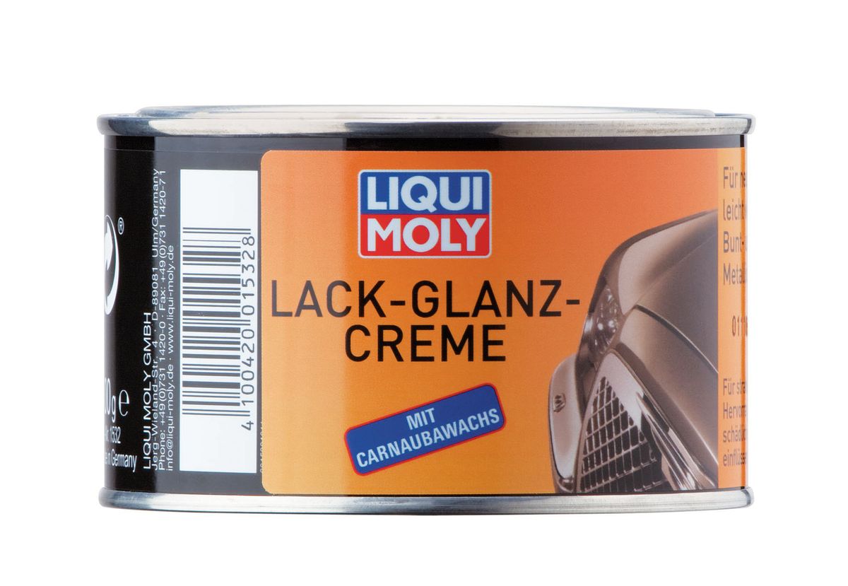 Полироль для глянцевых поверхностей Liqui Moly, 300 г1532 Полироль для глянцевых поверхностей Liqui Moly, 300 г1532Полироль для глянцевых поверхностей Liqui Moly предназначена для профессиональной защиты кузова. Паста до полугода обеспечивает защиту кузова от вредного влияния атмосферы и действия щеток на мойке. Используется для обработки покрытий металлик, перламутр, хамелеон и обычных красок. Очищает, защищает и полирует. Придает сияющий блеск обветренным поверхностям, отсекает воду, предотвращает обледенение. Сглаживает маленькие царапины и придает поверхности более гладкую структуру. Придает лаку сильный глянец. Экономичное использование средства благодаря кремовидной консистенции. Содержит воск карнаубы и тонкий абразив.