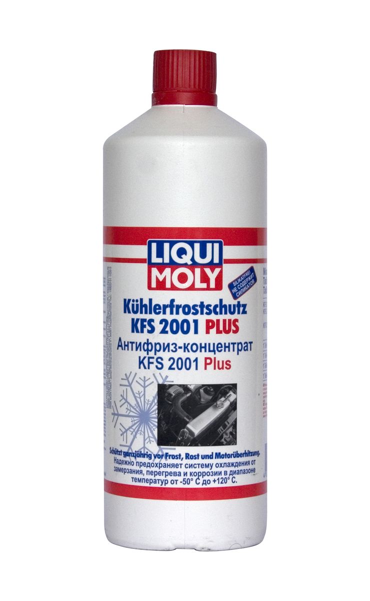Антифриз-концентрат Liqui Moly KFS 2001 Plus, 1 л8840 Антифриз-концентрат Liqui Moly KFS 2001 Plus, 1 л8840Антифриз-концентрат Liqui Moly KFS 2001 Plus - высококачественный концентрат антифриза для систем охлаждения современных двигателей, особенно с алюминиевыми деталями. - Не содержит аминов, нитритов, фосфатов и силикатов. - Обеспечивает непревзойденную защиту от коррозии, обладает отличными моющими и смазывающими свойствами. - Предназначен для максимальных интервалов замены. Интервалы замены предписываются производителем автомобиля. - Обеспечивает максимально широкие температурные интервалы применения, в зависимости от степени разведения (см. таблицу на банке). - Окрашен в красный цвет. - Смешивается и совместим со стандартными антифризами G12, (окрашенными, как правило, в красный цвет), а также со стандартными антифризами G11 (содержащими силикаты и соответствующие допуску VW TL 774-C, окрашенными, как правило, в синий цвет), как например, Ликви Моли Антифриз KFS 2000. Состав: моноэтиленгликоль, ингибитор коррозии, вода, краситель. Товар сертифицирован.