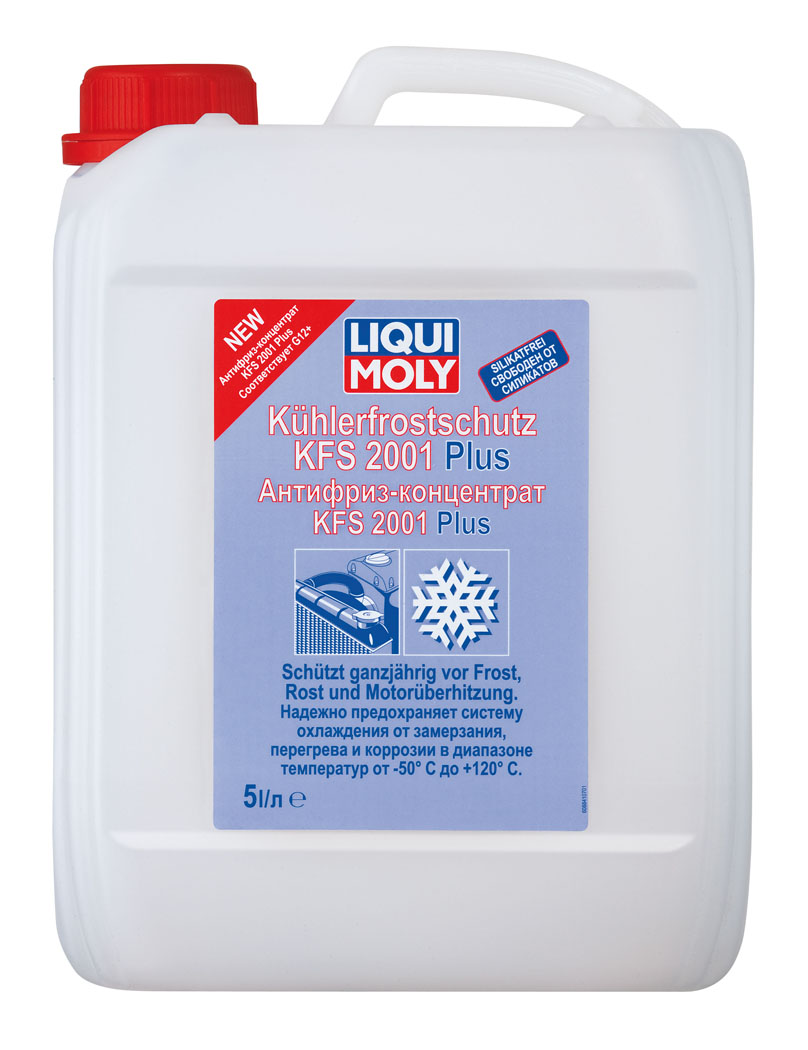 Антифриз-концентрат Liqui Moly KFS 2001 Plus, 5 л8841 Антифриз-концентрат Liqui Moly KFS 2001 Plus, 5 л8841Антифриз-концентрат Liqui Moly KFS 2001 Plus - высококачественный концентрат антифриза для систем охлаждения современных двигателей, особенно с алюминиевыми деталями. - Не содержит аминов, нитритов, фосфатов и силикатов. - Обеспечивает непревзойденную защиту от коррозии, обладает отличными моющими и смазывающими свойствами. - Предназначен для максимальных интервалов замены. Интервалы замены предписываются производителем автомобиля. - Обеспечивает максимально широкие температурные интервалы применения, в зависимости от степени разведения (см. таблицу на банке). - Окрашен в красный цвет. - Смешивается и совместим со стандартными антифризами G12, (окрашенными, как правило, в красный цвет), а также со стандартными антифризами G11 (содержащими силикаты и соответствующие допуску VW TL 774-С, окрашенными, как правило, в синий цвет), как например, Ликви Моли Антифриз KFS 2000. Состав: моноэтиленгликоль, ингибитор коррозии, вода, краситель. Товар сертифицирован.