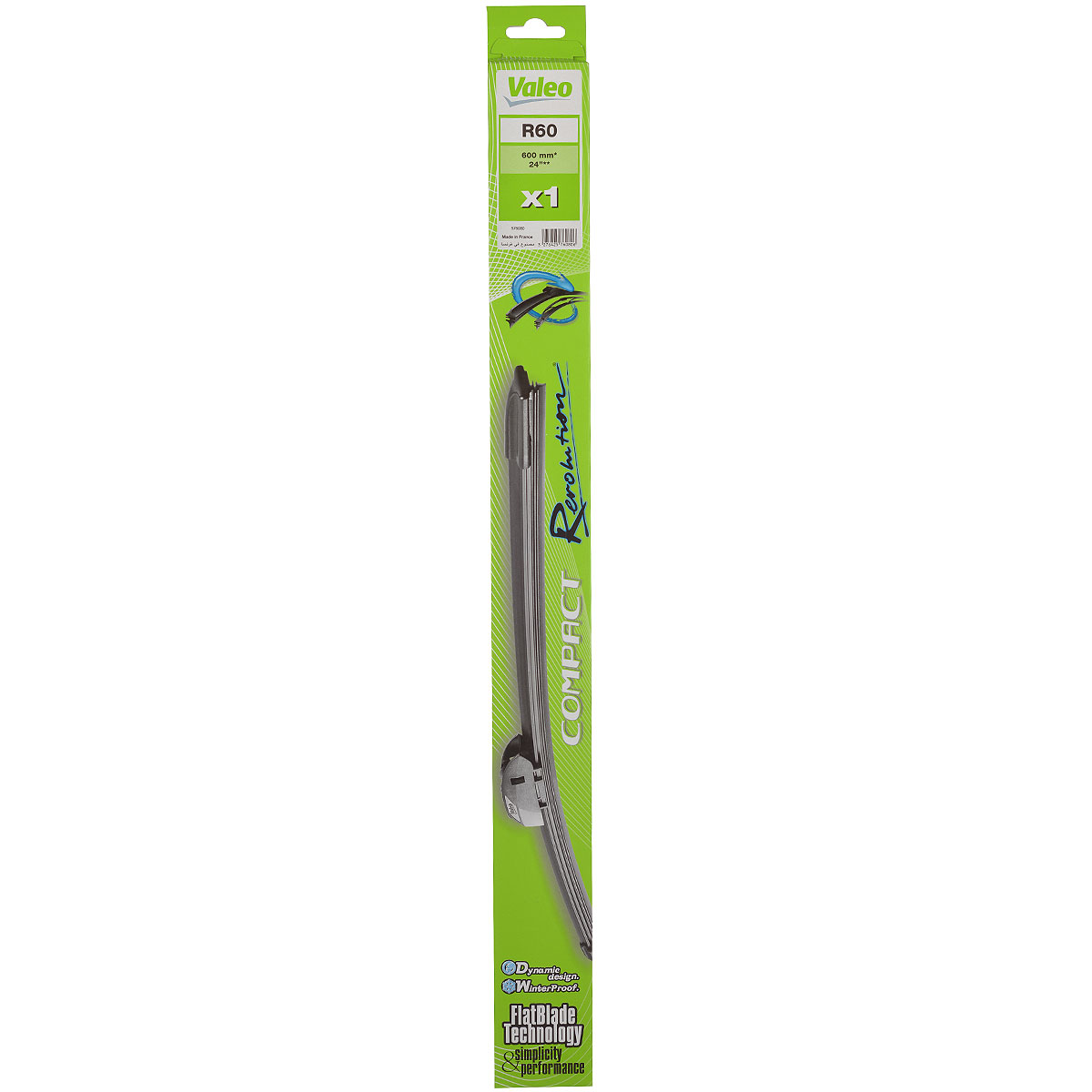 Щетка стеклоочистителя Valeo Compact Revolution, бескаркасная, 60 см, 1 шт576080 Щетка стеклоочистителя Valeo Compact Revolution, бескаркасная, 60 см, 1 шт576080Щетка стеклоочистителя Valeo Compact Revolution с небольшим симметричным спойлером предназначена для механической очистки стекол автомобилей от воды, снега, дорожной грязи и других загрязнений. Имеет особое незамерзающее покрытие.Тип крепления - крючок.