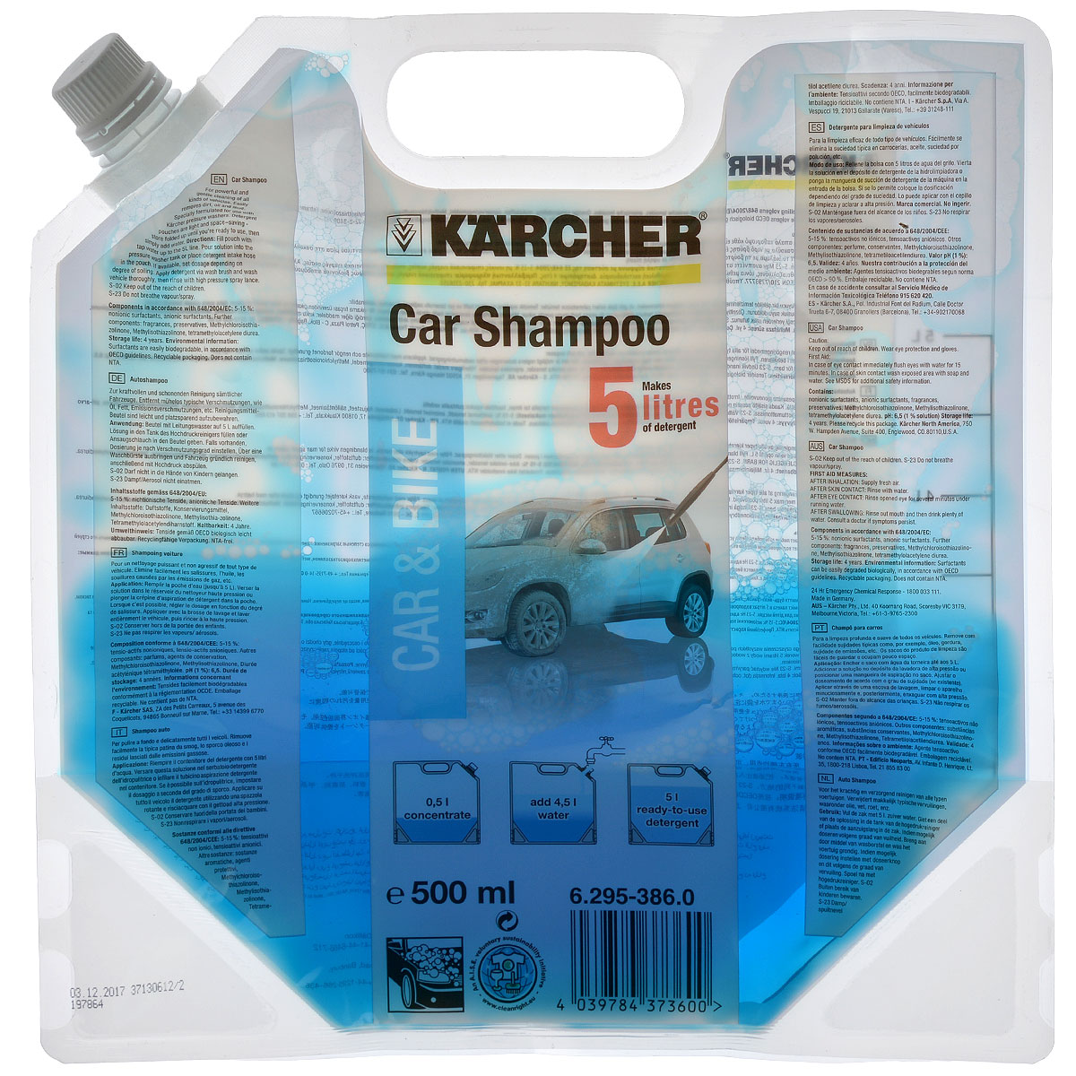 Автошампунь концентрированный Karcher 500мл 6.295-386.06.295-386.0 Автошампунь концентрированный Karcher 500мл 6.295-386.06.295-386.0Мягкий пенистый шампунь Karcher бережно и тщательно очищает любые автомобили. Легко устраняет все типичные загрязнения - масла, смазки, атмосферные загрязнения и т.д.Состав: 5-15% неионные тензиды, анионные тензиды, ароматизаторы, консервант, метилхлоризотиазолинон, метилизотиазолинон, тетраметилол-ацетилендиуриа.