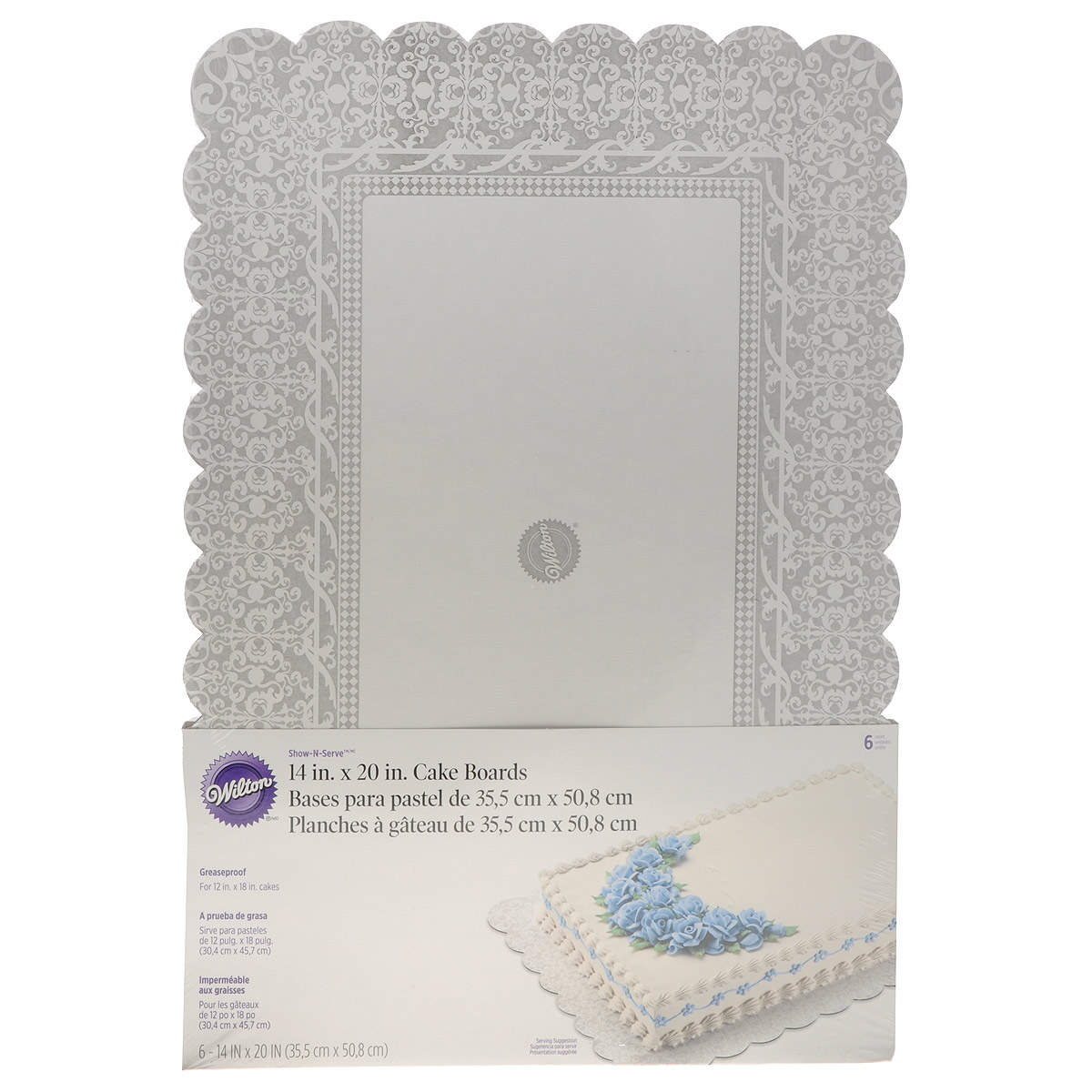 Основа для торта Wilton, прямоугольная, 35,5 см х 50,8 см, 6 штWLT-2104-1230 Основа для торта Wilton, прямоугольная, 35,5 см х 50,8 см, 6 штWLT-2104-1230Прямоугольная основа Wilton выполнена из гофрированного картона с жиронепроницаемым покрытием. Используется для сервировки тортов, пиццы, небольших праздничных угощений, закусок и т.п. Кружевной край создаст красивое обрамление и основу торту. Размер: 35,5 см х 50,8 см. Толщина: 2 мм.