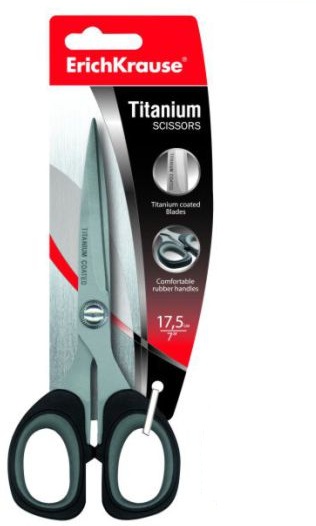 Ножницы Erich Krause Titanium, 17,5 см30787 Ножницы Erich Krause Titanium, 17,5 см30787Ножницы Erich Krause Titanium помогут быстро и легко разрезать бумагу, скотч, картон и т.п. Лезвия выполнены из высококачественной нержавеющей стали с титановым покрытием, а пластиковые рукоятки с резиновыми вставками невероятно эргономичны и обеспечивают оптимальное удобство при захвате. Даже если работать ножницами придется много, рука и пальцы не устанут. Ножницы Erich Krause Titanium займут достойное место среди канцелярских товаров на вашем рабочем столе.Длина ножниц: 17,5 см.Длина лезвий: 7,5 см.