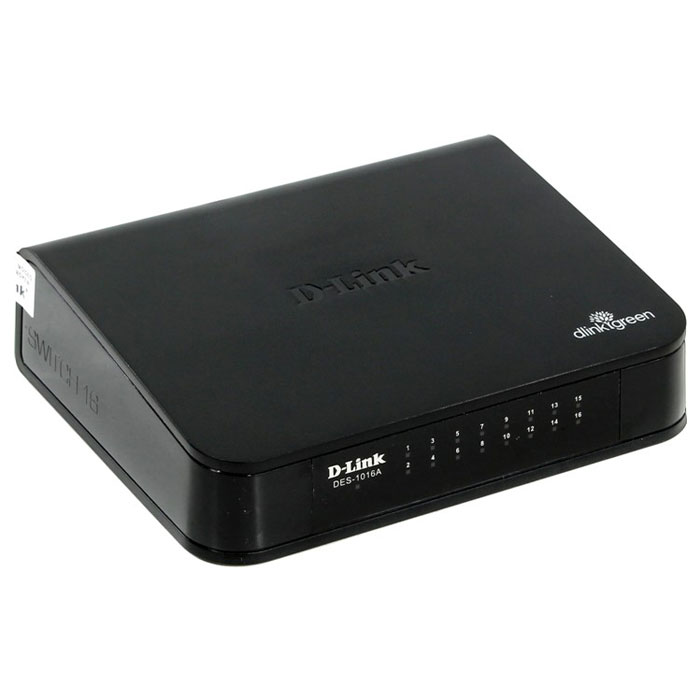 D-Link DES-1016A/E1B коммутаторDES-1016A/E1B D-Link DES-1016A/E1B коммутаторDES-1016A/E1BКоммутатор D-Link DES-1016A/E1B входит в новую серию устройств, предназначенных для сетей SOHO. Благодаря технологии Green устройство уменьшает затраты на энергию и снижает потребляемую устройством мощность, не жертвуя эксплуатационными и функциональными характеристиками.Благодаря автоматическому отключению питания портов при отсутствии соединения происходит сохранение значительного количества энергии на неактивных портах или портах, подключенных к выключенным компьютерам. Коммутатор способен анализировать длину любого подключенного кабеля для выбора необходимого уровня потребления электропитания, обеспечивая тем самым экономию электроэнергии.Стандарты: 802.1p (QoS), 802.3 (Ethernet), 802.3az (Energy Efficient Ethernet), 802.3u (Fast Ethernet), 802.3x (Flow Control), ANSI/IEEE 802.3Метод доступа: CSMA/CD MAC Address Table: 8000 адресов Буфер: 256 КбПоддержка QoS, IEEE 802.1p Максимальная длина кабеля: до 100 метров витой парыПотребляемая мощность: 2,28 Вт