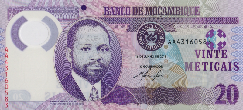 Банкнота номиналом 20 метикалов. Полимер. Мозамбик. 2011 год