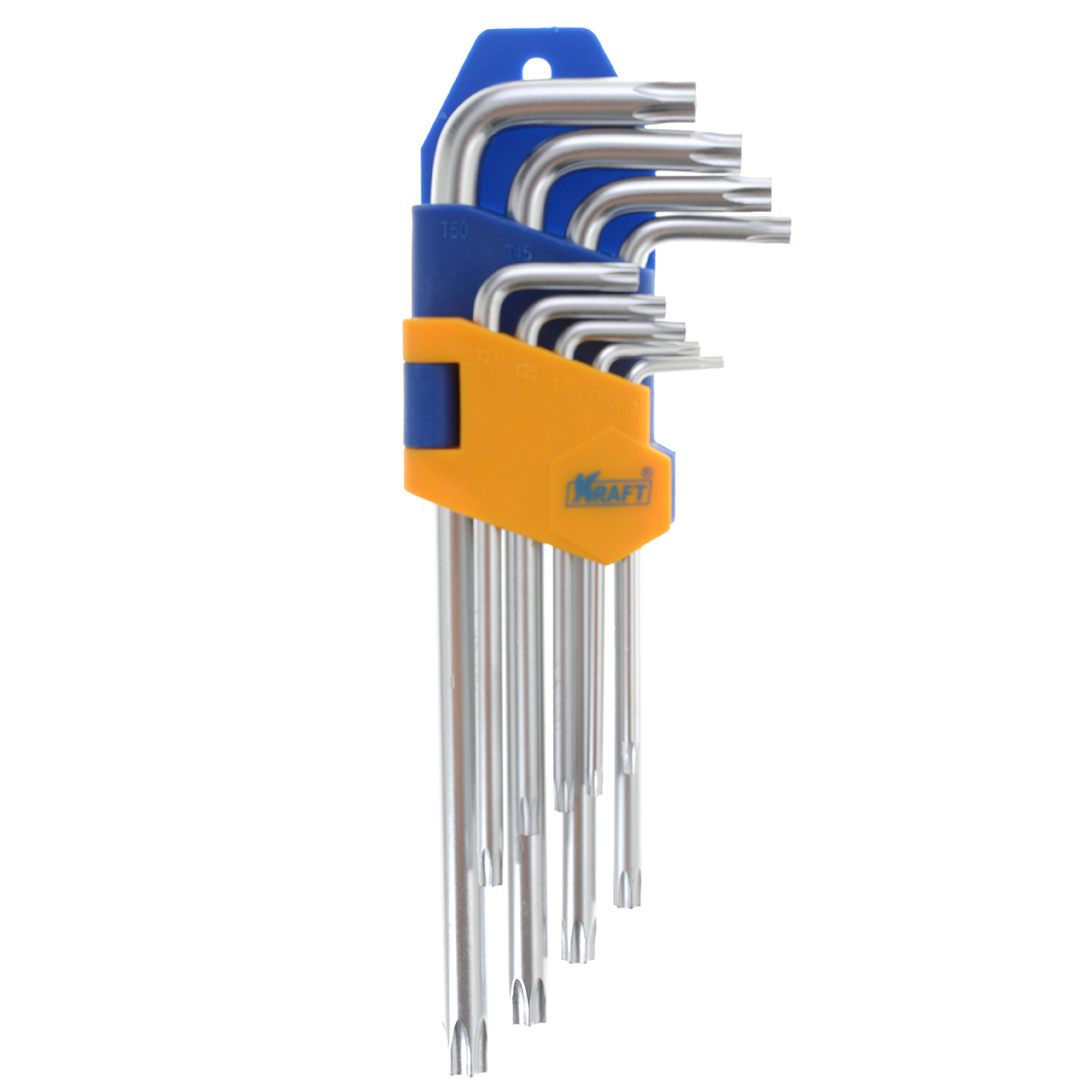 Набор ключей шестигранныхKraft Professional Torx, Т10 - Т50, 9 штКТ700566 Набор ключей шестигранныхKraft Professional Torx, Т10 - Т50, 9 штКТ700566Набор шестигранных удлиненных ключей Kraft Professional Torx предназначен для работы с крепежными элементами, имеющими внутренний шестигранник. Каждый ключ изготовлен из хромованадиевой стали и оснащен наконечником с рабочим профилем torx. В набор входят ключи: Т10, Т15, Т20, Т25, Т27, Т30, Т40, Т45, Т50.