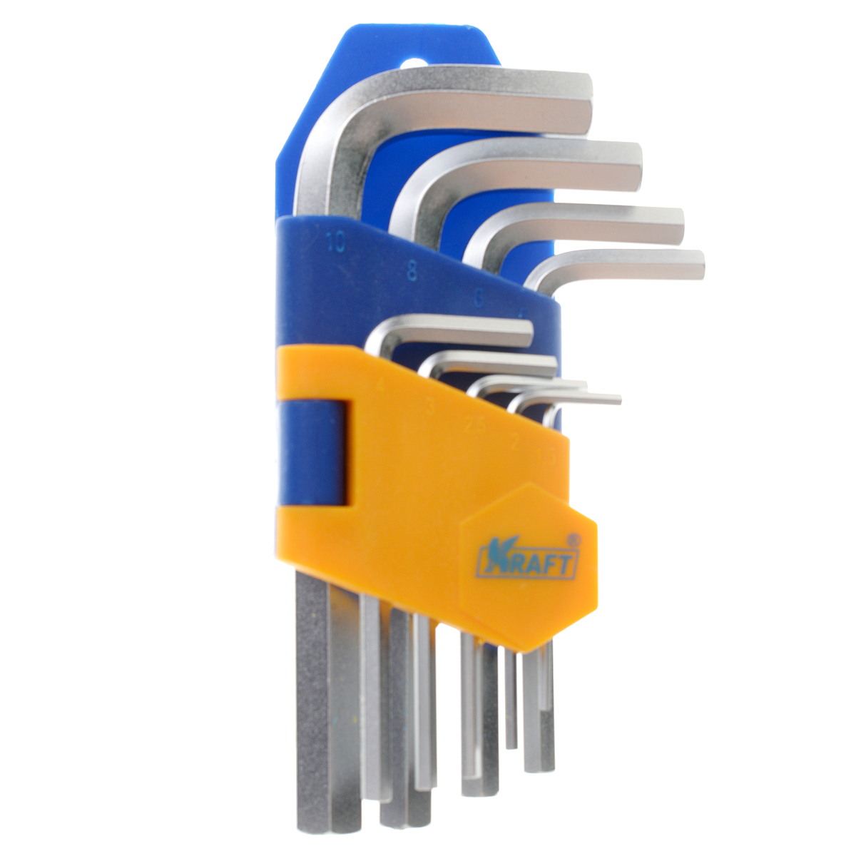 Набор ключей шестигранных Kraft Professional, коротких, 1,5 мм - 10 мм, 9 штКТ700570 Набор ключей шестигранных Kraft Professional, коротких, 1,5 мм - 10 мм, 9 штКТ700570Набор шестигранных удлиненных ключей Kraft Professional предназначен для работы с крепежными элементами, имеющими внутренний шестигранник. Все ключи выполнены из высококачественной хромованадиевой стали. Твердость по Роквеллу 52-55 HRc.В набор входят ключи: 1,5 мм, 2 мм, 2,5 мм, 3 мм, 4 мм, 5 мм, 6 мм, 8 мм, 10 мм.