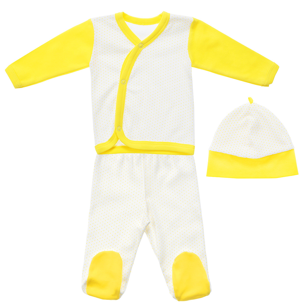 Комплект детский Фреш Стайл: кофточка, ползунки, шапочка, цвет: белый, желтый. 33С-5210. Размер 18. Рост 50, от 0 месяцев