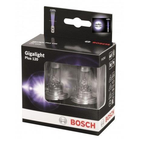Лампа Bosch GIGALIGHT+120 H7 12V 55W 19873011071987301107 Лампа Bosch GIGALIGHT+120 H7 12V 55W 19873011071987301107Новые лампы Bosch для галогенных фар освещают дорогу интенсивным белым светом, который очень близок по свойствам к дневному освещению.Благодаря этому глаза водителя не теряют фокусировки и меньше устают даже во время долгих поездок в темное время суток. Новые лампы отличаются высокой яркостью и могут давать до 50% больше света, чем стандартные галогенные фары. Лампы Bosch доступны в вариантах H1, H4 и H7. Серебряное покрытие ламп H4 и H7 делает их едва заметными за стеклами выключенных фар. Новые лампы выглядят наиболее эффектно в сочетании с фарами из прозрачного стекла и подчеркивают современный дизайн автомобилей. Увеличенная яркость и дальность освещения положительно сказывается на безопасности движения. В темное время суток или в сложных погодных условиях, таких как ливень или густой туман, водитель замечает опасную ситуацию намного раньше и на большем расстоянии, при этом лучше заметен и сам автомобиль с фарами Bosch. Напряжение: 12 вольт