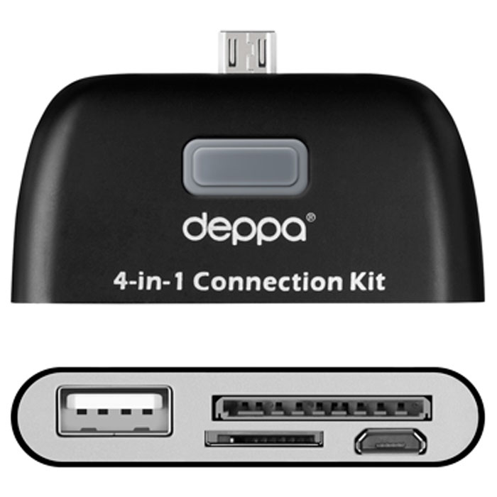 Deppa OTG Connection Kit, Black картридер для смартфонов и планшетов с microUSB11405 Deppa OTG Connection Kit, Black картридер для смартфонов и планшетов с microUSB11405Картридер Deppa OTG Connection Kitдля смартфонов и планшетов с microUSB предназначен для передачи данных с внешних носителей информации, подключения периферийных устройств и синхронизации с компьютером через microUSB дата-кабель. Для удобства в устройстве есть возможность для подключения карт памяти, внешних жестких дисков, цифровых фотокамер, USB клавиатуры, мыши.