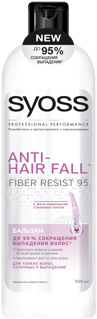 SYOSS Бальзам Anti-hair fall , 500мл9034291 SYOSS Бальзам Anti-hair fall , 500мл9034291До 95 % СОКРАЩЕНИЯ ВЫПАДЕНИЯ ВОЛОС, вызванного ломкостью. Формула с фито-комплексом стволовых клеток: 1) Действует непосредственнона корни волос 2) Укрепляет волосы по всей длине до самых кончиков 3) Легкое расчесывание & длинные, крепкие волосы