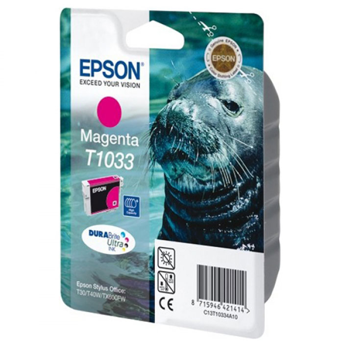 Epson T1033 (C13T10334A10), Magenta картридж для T30/T40/T1100/TX600C13T10334A10 Epson T1033 (C13T10334A10), Magenta картридж для T30/T40/T1100/TX600C13T10334A10Картридж повышенной емкости Epson с цветными чернилами для струйной печати.