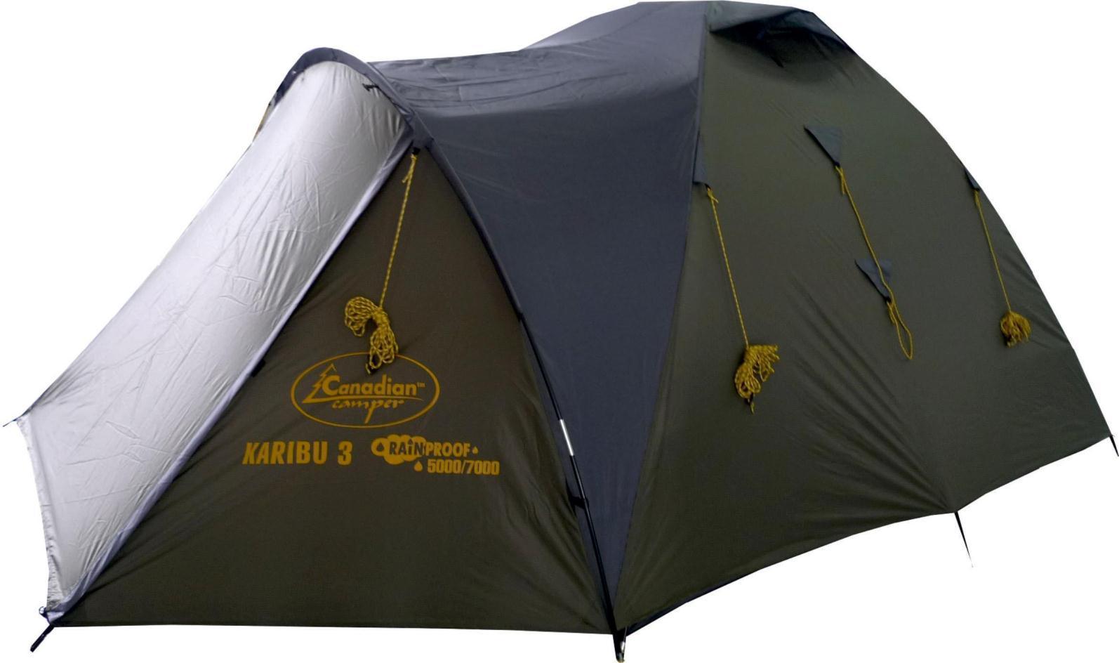 Палатка Canadian Camper Karibu 3, цвет: зеленый, серый30300053 Палатка Canadian Camper Karibu 3, цвет: зеленый, серый30300053Палатка Canadian Camper Karibu 3 очень популярна и излюблена среди поклонников туризма и отдыха на природе. Палатка трехместная и имеет более просторный в сравнении со многими моделями тамбур. Ее легко можно брать с собой на небольшой пикник с ночевкой, подойдет она и для пеших походов или многодневного палаточного лагеря. Компактная в сложенном виде, но при этом просторная и высокая туристическая палатка легко устанавливается.Размер внешней палатки: 310 х 205 х 130 см.Размер внутренней палатки: 210 х 200 х 130 см