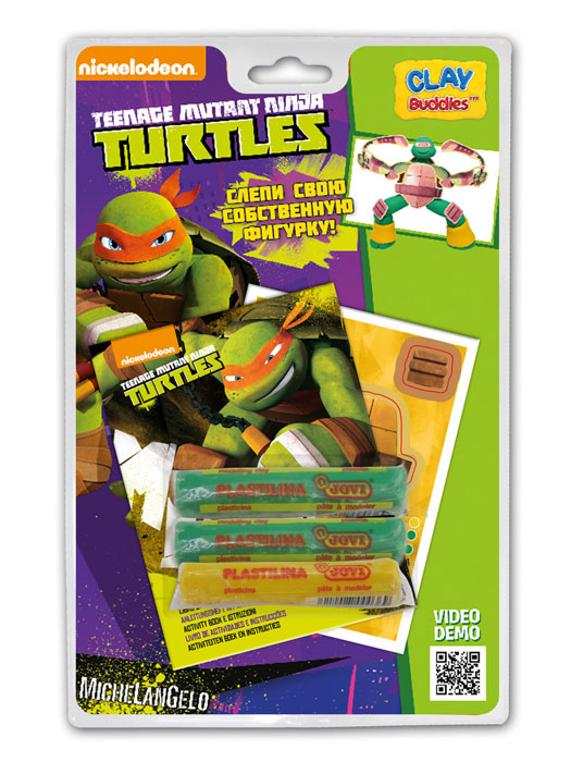 Giromax Набор для лепки Teenage Mutant Ninja Turtles. МикеланджелоG 305171 Giromax Набор для лепки Teenage Mutant Ninja Turtles. МикеланджелоG 305171Набор для лепки Giromax Teenage Mutant Ninja Turtles представляет собой сочетание моделирования и игры. Набор включает в себя: 3 плитки пластилина (зеленый, желтый), карточку с картонными деталями, 1 лист липучек, иллюстрированную книжку с инструкциями и заданиями. Входящая в набор пластилиновая масса разработана специально для детей, очень мягкая, приятно пахнет, ее не надо разминать перед лепкой.Пластилин быстро высыхает, не имеет запаха, не липнет к рукам и одежде, легко смывается.Используя пластилин и картонные формочки, малыш сможет самостоятельно вылепить фигурку любимого героя - Микеланджело. Работа с пластилином развивает мелкую моторику пальцев малыша, пространственное воображение, фантазию.