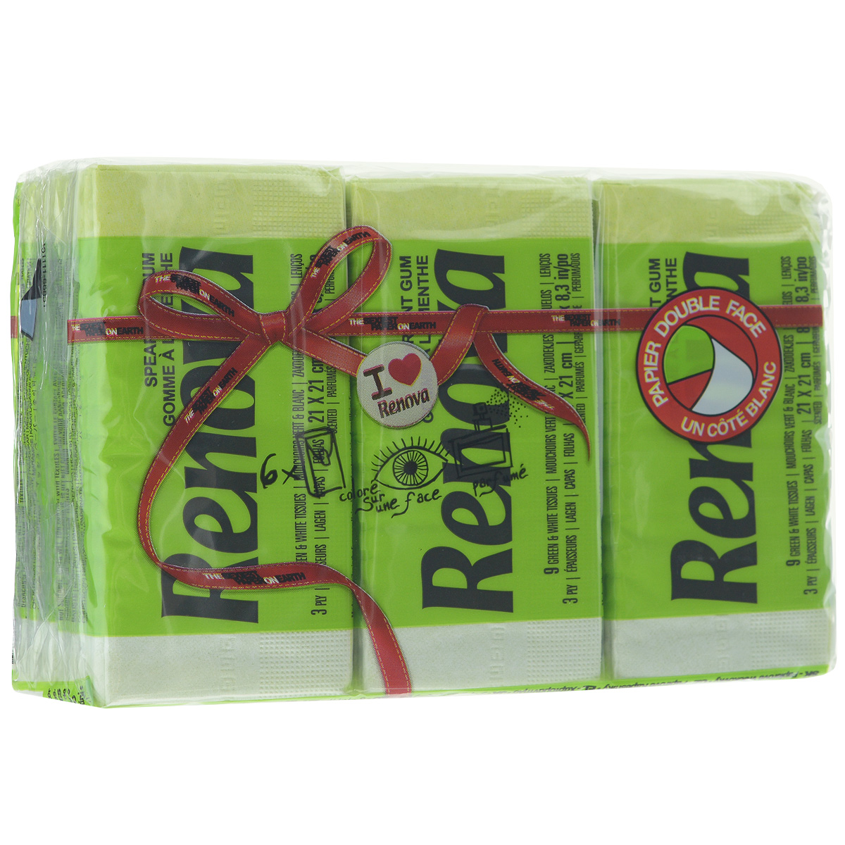 Платочки бумажные Renova Spearmint Gum, ароматизированные, трехслойные, цвет: зеленый, 6 пачек200067003 Платочки бумажные Renova Spearmint Gum, ароматизированные, трехслойные, цвет: зеленый, 6 пачек200067003Бумажные гигиенические платочки Renova Spearmint Gum,изготовленные из 100% натуральной целлюлозы, подходят для детей и взрослых. Они обладают уникальными свойствами, так как всегда остаются мягкими на ощупь, прочными и отлично впитывающими влагу и могут быть пригодными в любой ситуации. Бумажные платочки Renova Spearmint Gum имеют свежий аромат мяты. Удобная небольшая упаковка позволяет носить платочки в кармане.Количество слоев: 3.Размер листа: 21 см х 21 см.Количество пачек: 6 шт.Количество платочков в каждой пачке: 9 шт.Португальская компания Renova является ведущим разработчиком новейших технологий производства, нового стиля и направления на рынке гигиенической продукции. Современный дизайн и высочайшее качество, дерматологический контроль - это то, что выделяет компанию Renova среди других производителей бумажной санитарно-гигиенической продукции.