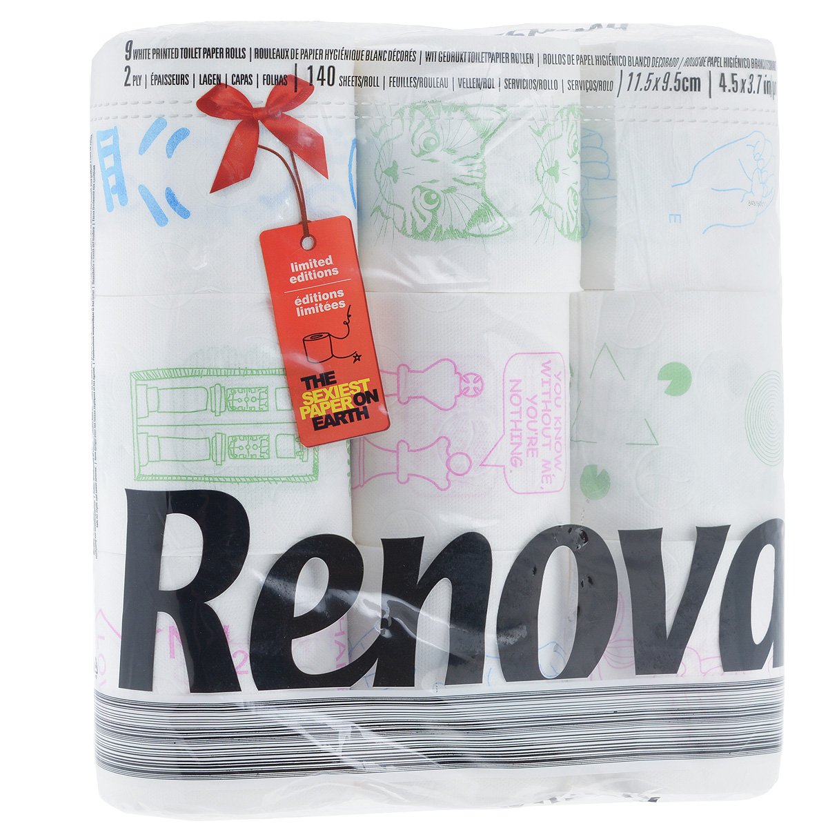 Туалетная бумага Renova Design, двухслойная, цвет: белый, 9 рулонов200063133 Туалетная бумага Renova Design, двухслойная, цвет: белый, 9 рулонов200063133Туалетная бумага Renova Design изготовлена по новейшей технологии из 100% целлюлозы, благодаря чему она очень мягкая, нежная, но в тоже время прочная. Перфорация надежно скрепляет слои бумаги. Туалетная бумага Renova Design сочетает в себе простоту и оригинальность. На каждом листе туалетной бумаге разное цветное изображение.Состав: 100% целлюлоза. Количество листов: 140 шт.Количество слоев: 2.Размер листа: 11,5 см х 9,5 см.Количество рулонов: 9 шт.Португальская компания Renova является ведущим разработчиком новейших технологий производства, нового стиля и направления на рынке гигиенической продукции. Современный дизайн и высочайшее качество, дерматологический контроль - это то, что выделяет компанию Renova среди других производителей бумажной санитарно-гигиенической продукции.